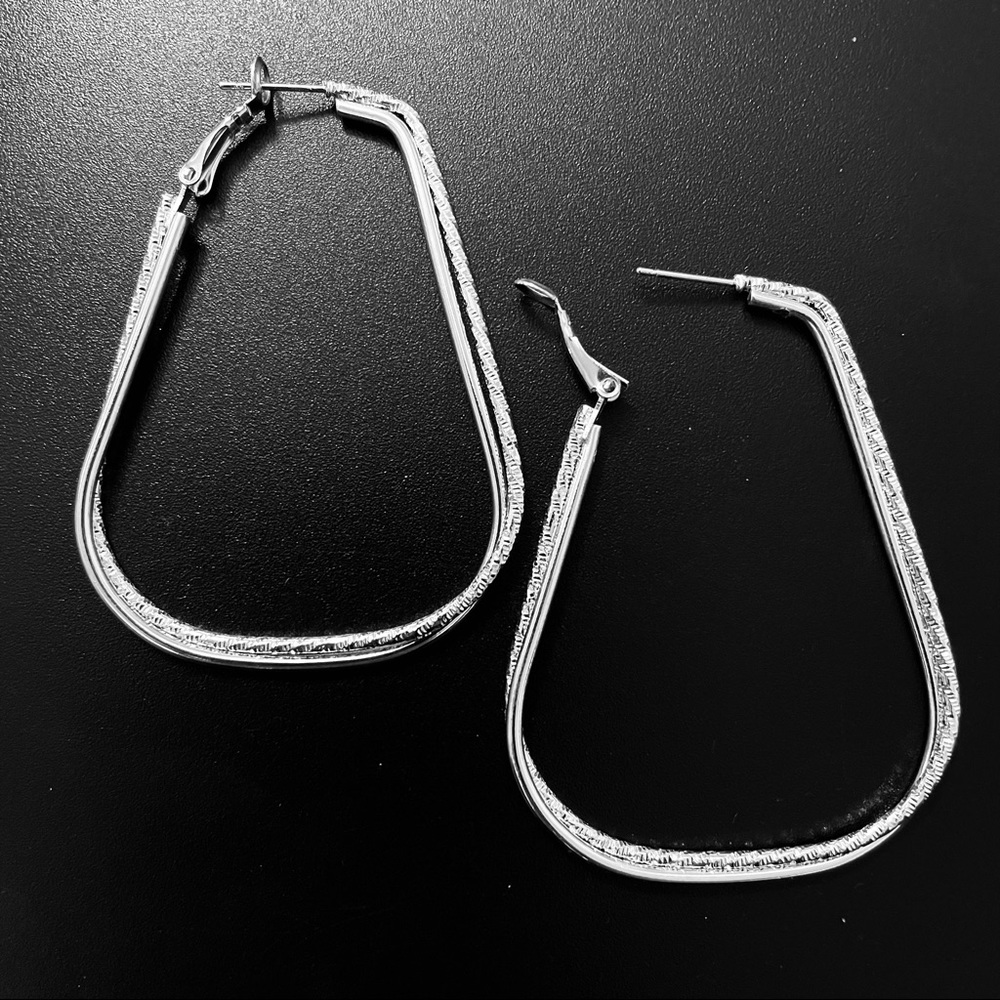 Silver Unique Large Hoop Earrings NEW - Picture 2 of 5